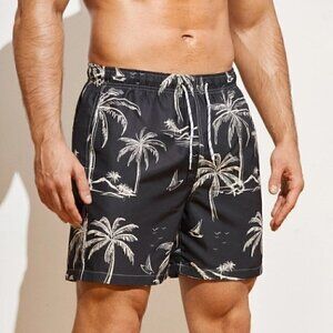 Black Men's Coconut Tree Print Swim Trunks Vacation Style
